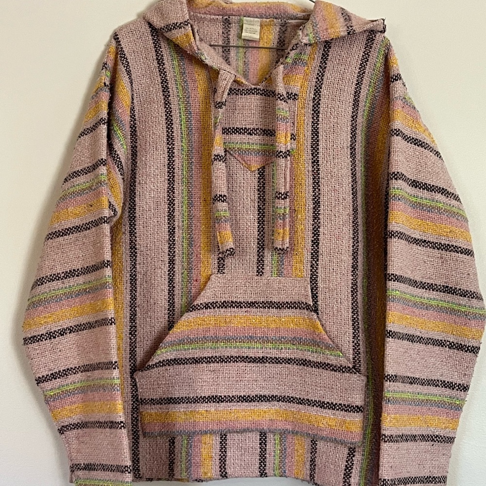 Baja Hoodie Serape Pullover Pink Multicolor Wool Blend Hoodie Medium Unisex